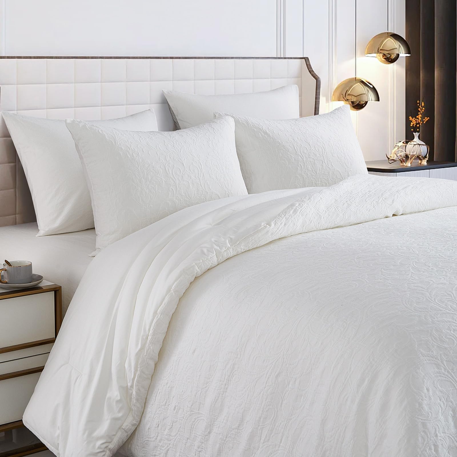 Softpage Cotton Boho Queen Size Comforter, White Comforter Queen, Vintage Farmhouse Bedding Stone Washed, Jacquard Queen Bedding